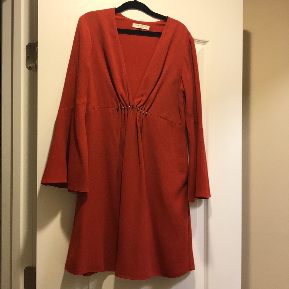 Halston Heritage bell sleeve rust orange dress
